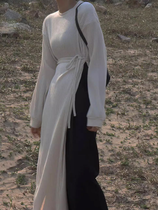 VERILADY |(半袖/長袖選べる)アシンメトリーハイスリットフェイクツーピースロングワンピース