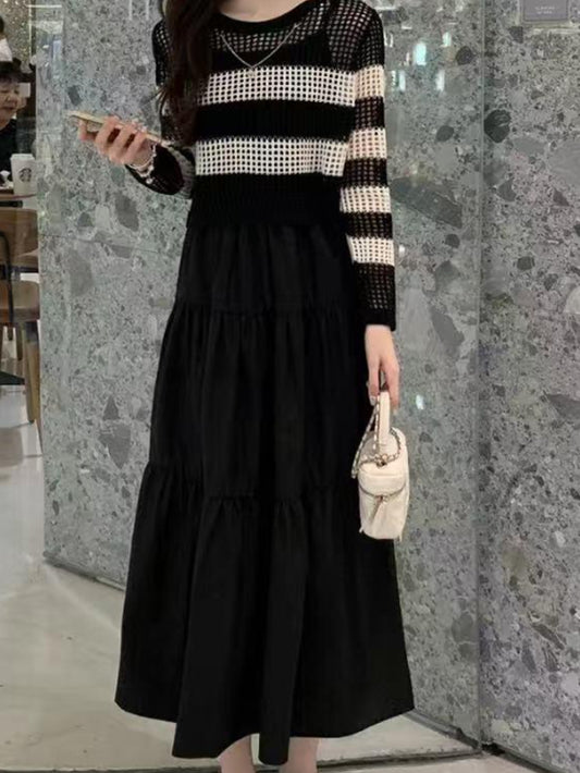 VERILADY |(予約販売)ボーダー柄透け編みトップス&キャミワンピース2点セットアップ