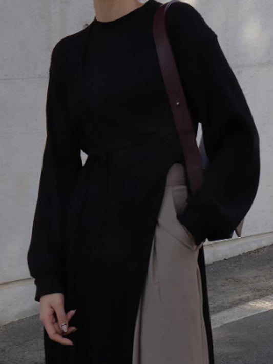 VERILADY |(半袖/長袖選べる)アシンメトリーハイスリットフェイクツーピースロングワンピース