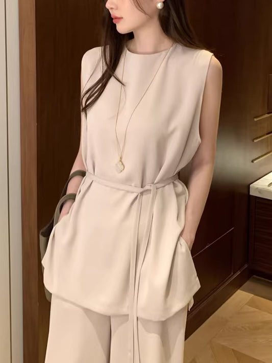 VERILADY |ランドネックノースリーブブラウス&ロングパンツトレンド感上下2点セットアップ