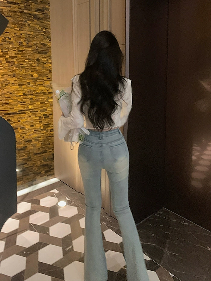 VERILADY | 蝶々バタフライデザイン ハイウエストストレッチ裾フレアデニムパンツ ジーンズ