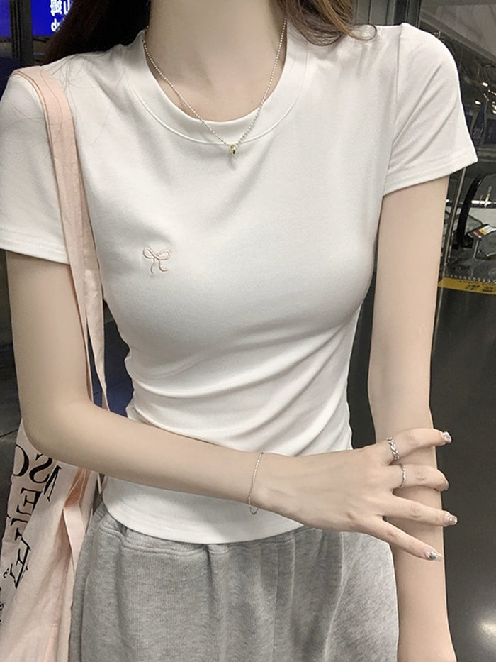 VERILADY |リボン刺繡サマーニット ベーシック半袖Tシャツ