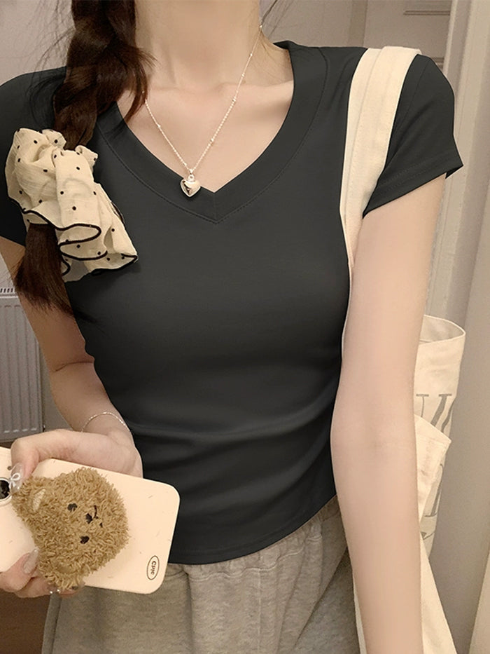 VERILADY |サマーニットVネック半袖Tシャツ