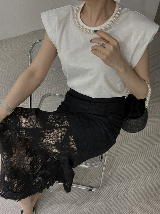 VERILADY |パールネックトップス キャップスリーブネックパールカットソー