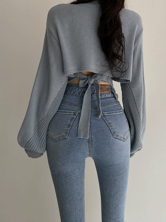 VERILADY | バックリボンボリュームスリーブVネックニットトップス 秋セーター