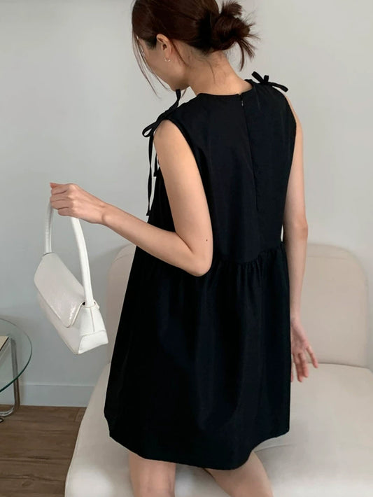 VERILADY |ショルダーリボンノースリーブミニギャザーワンピース