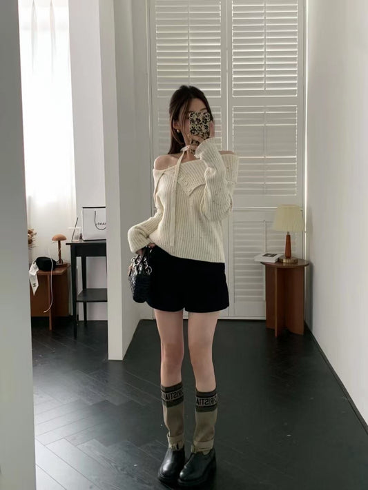 VERILADY |マフラータイ付き オフショルニットトップス