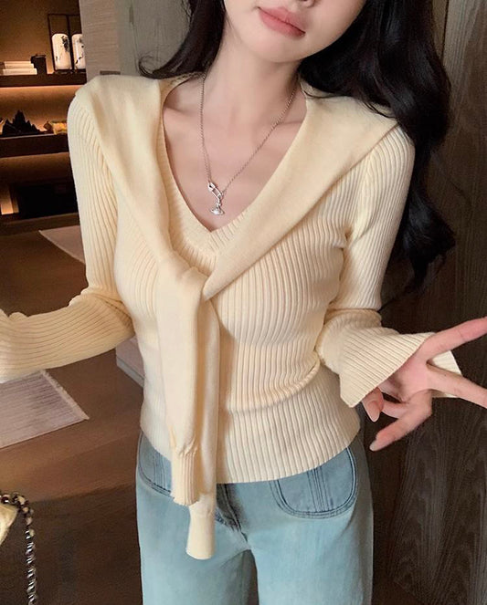 VERILADY |肩掛け風フェイクレイヤードVネック長袖Tシャツ