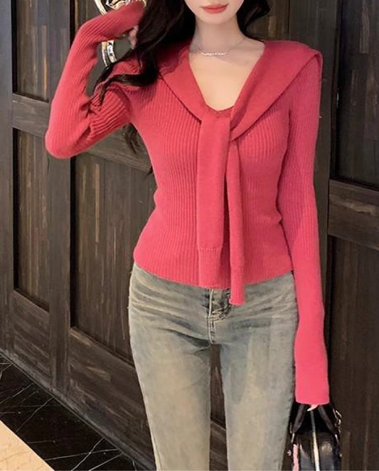 VERILADY |肩掛け風フェイクレイヤードVネック長袖Tシャツ