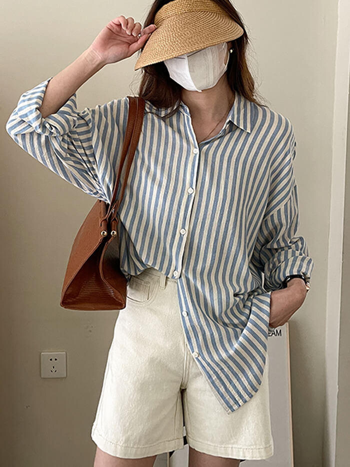 VERILADY | 亞麻混紡條紋長袖襯衫