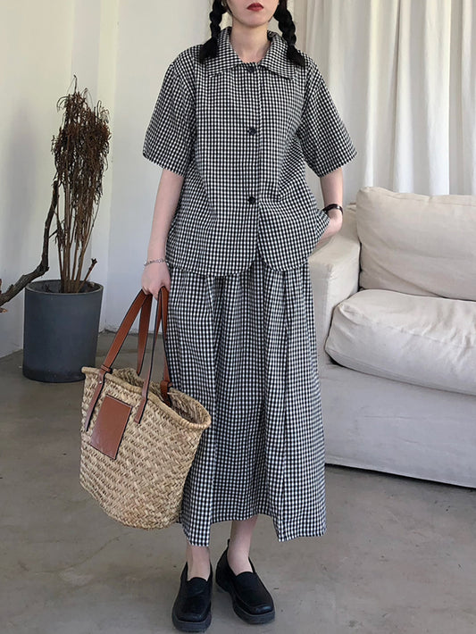 VERILADY | Bộ 2 món áo sơ mi kẻ sọc ngắn tay và chân váy trên và dưới