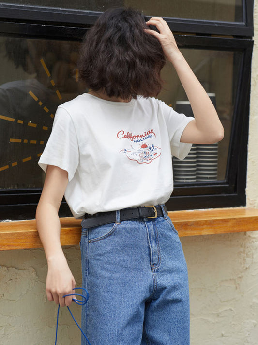 VERILADY | (在庫僅か) RED&BLUE配色プリント ゆとりTシャツ