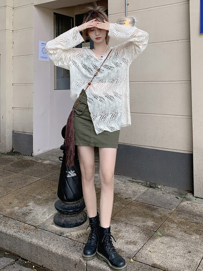 VERILADY | スリット透かし彫り長袖トップス