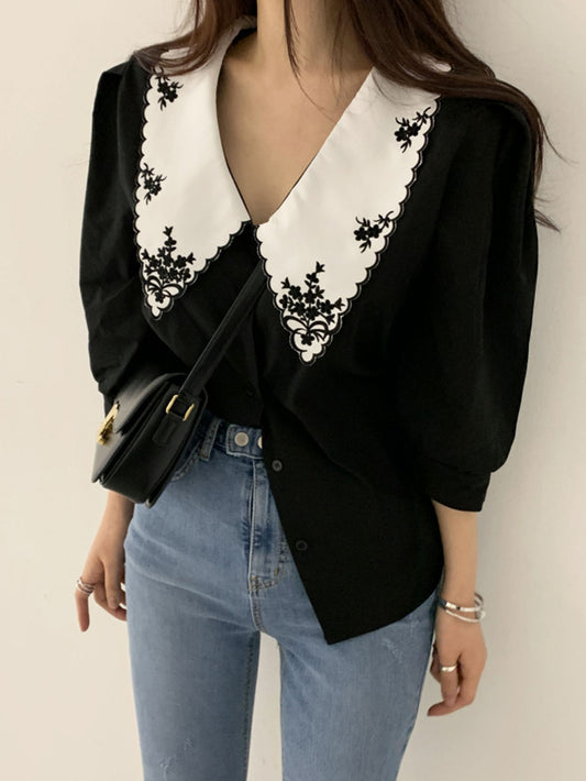 VERILADY | Áo Cổ Tròn Thêu Đơn Sắc Phong Cách Cổ Điển Hai Màu