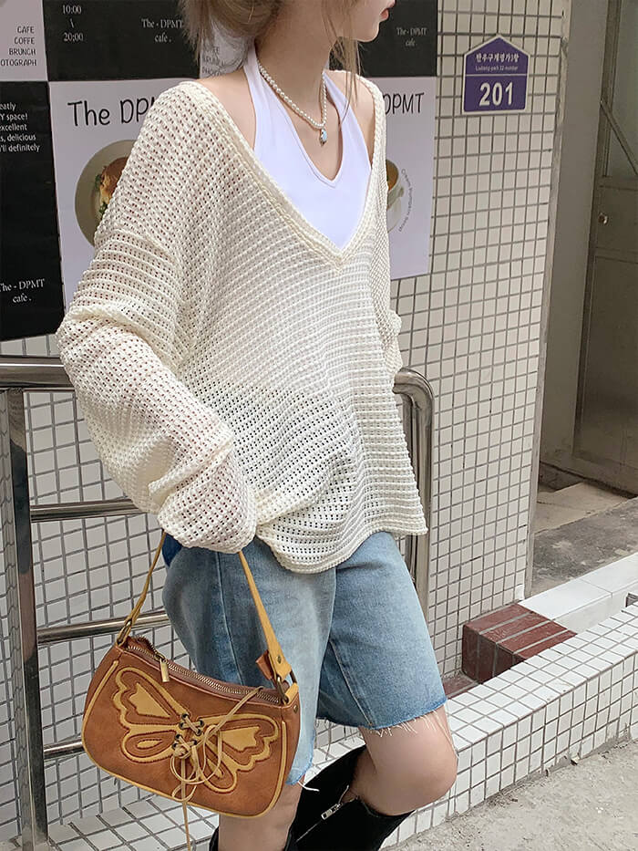 XÁC MINH | Hàng dệt kim dài tay mỏng Openwork