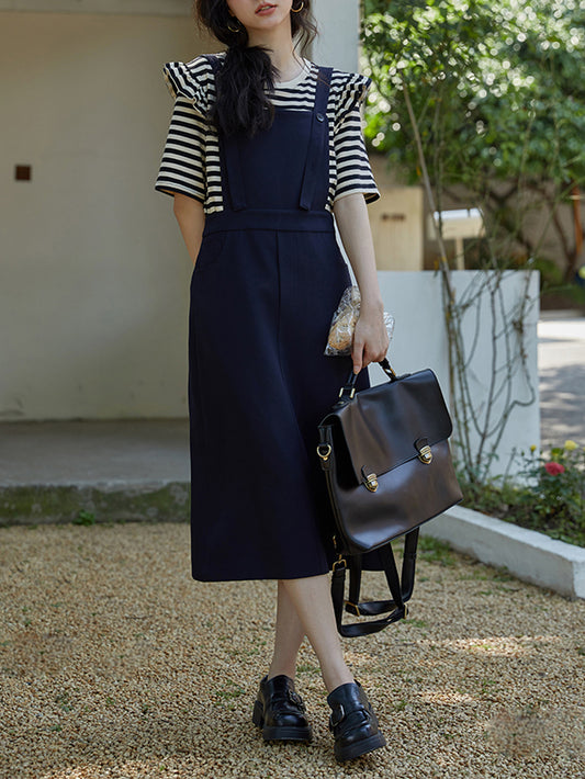 VERILADY | Bộ 2 món áo sơ mi sọc và chân váy kiểu tạp dề