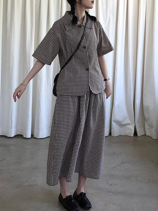 VERILADY | Bộ 2 món áo sơ mi kẻ sọc ngắn tay và chân váy trên và dưới