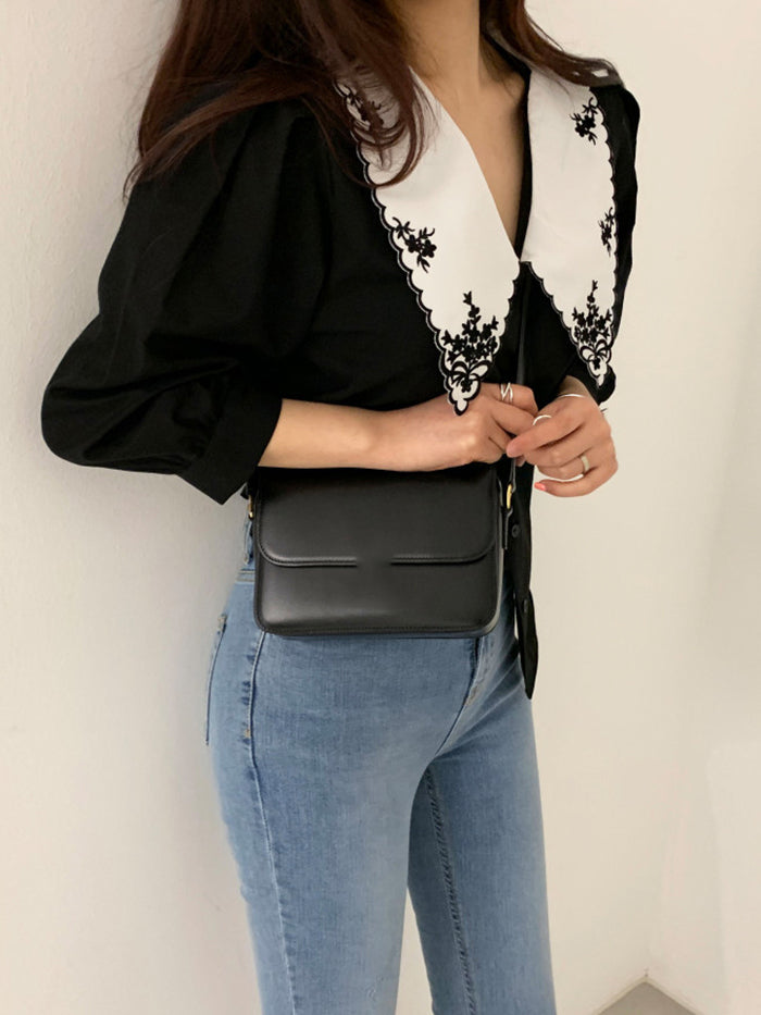 VERILADY |モノクロ刺繍襟ブラウス ヴィンテージ風バイカラー