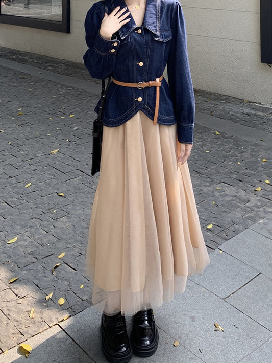 VERILADY | Set 2 món Áo khoác denim & Chân váy xòe kèm thắt lưng