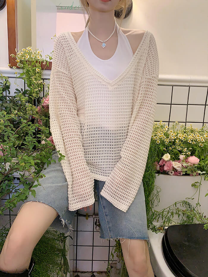 XÁC MINH | Hàng dệt kim dài tay mỏng Openwork