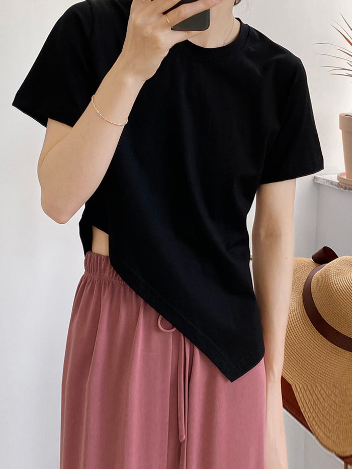VERILADY | ラウンドネック不規則Tシャツ 細見え