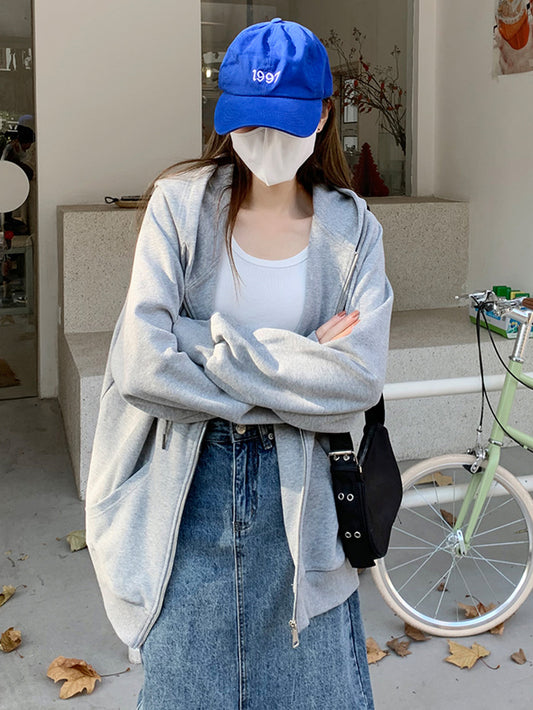 VERILADY | Áo hoodie đơn giản màu xám có mũ trùm đầu