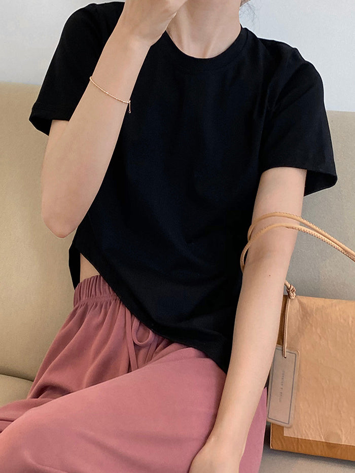 VERILADY | ラウンドネック不規則Tシャツ 細見え