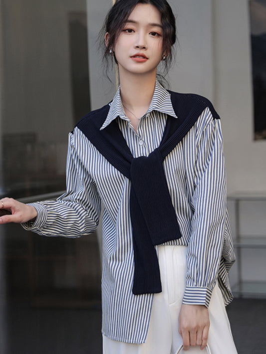 VERILADY | Cardigan sơ mi kẻ sọc trễ vai phong cách