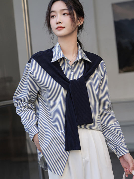 VERILADY | Cardigan sơ mi kẻ sọc trễ vai phong cách