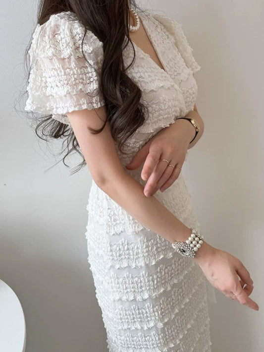 VERILADY |ウエストリボン透かし半袖レースワンピースドレス