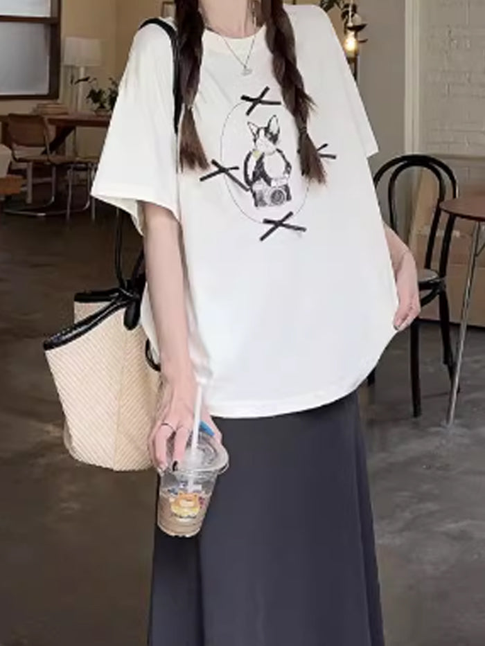 VERILADY |韓国っぽリボンデザイン猫プリントバレエコアTシャツ