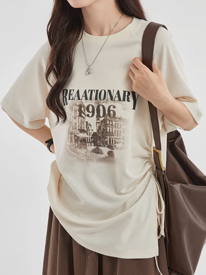 VERILADY |片側サイドリボンユニセックスプリントオーバーサイズTシャツ