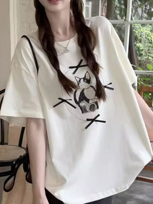 VERILADY |韓国っぽリボンデザイン猫プリントバレエコアTシャツ