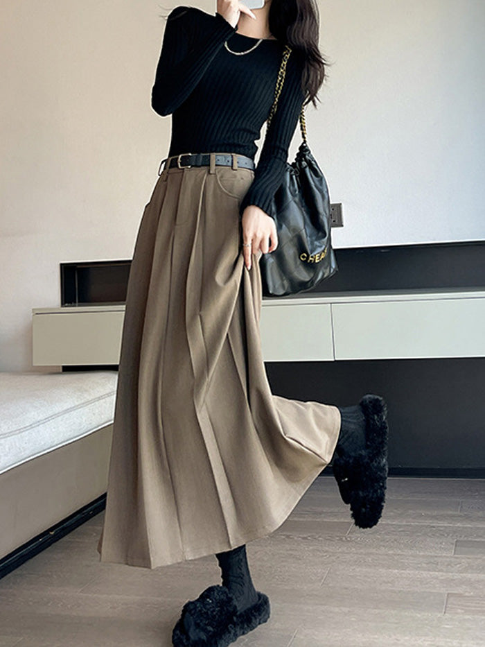 VERILADY | 韓国っぽハイウエストプリーツマキシAラインロングスカート　3色