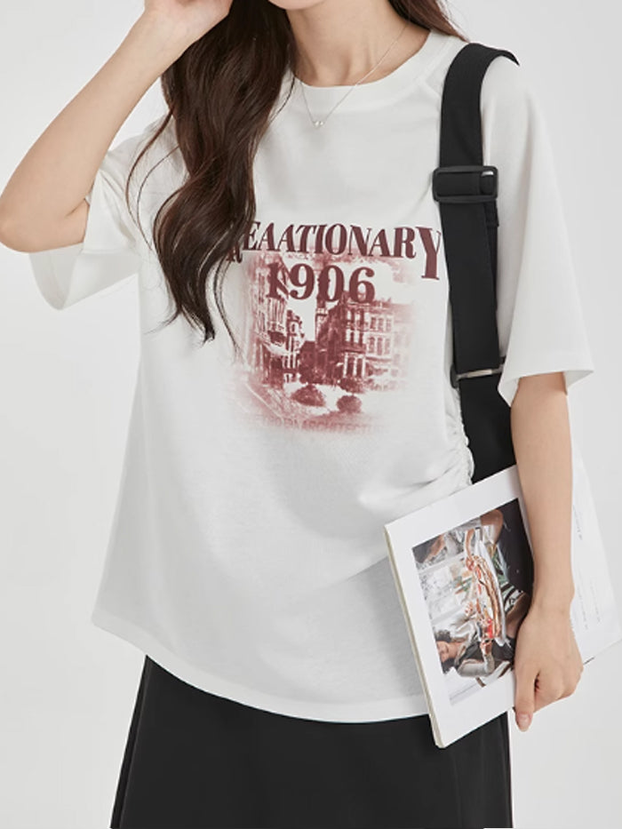 VERILADY |片側サイドリボンユニセックスプリントオーバーサイズTシャツ