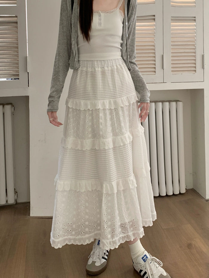VERILADY |レース切替ティアードフリルフレアロングスカート 