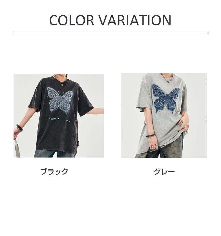 VERILADY |ユニセックスフロントバタフライ柄オーバーサイズTシャツ