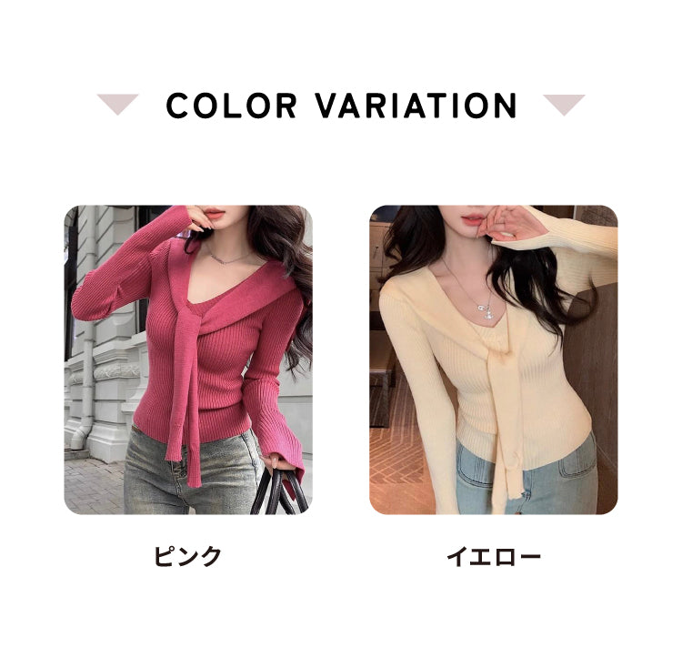 VERILADY |肩掛け風フェイクレイヤードVネック長袖Ｔシャツ