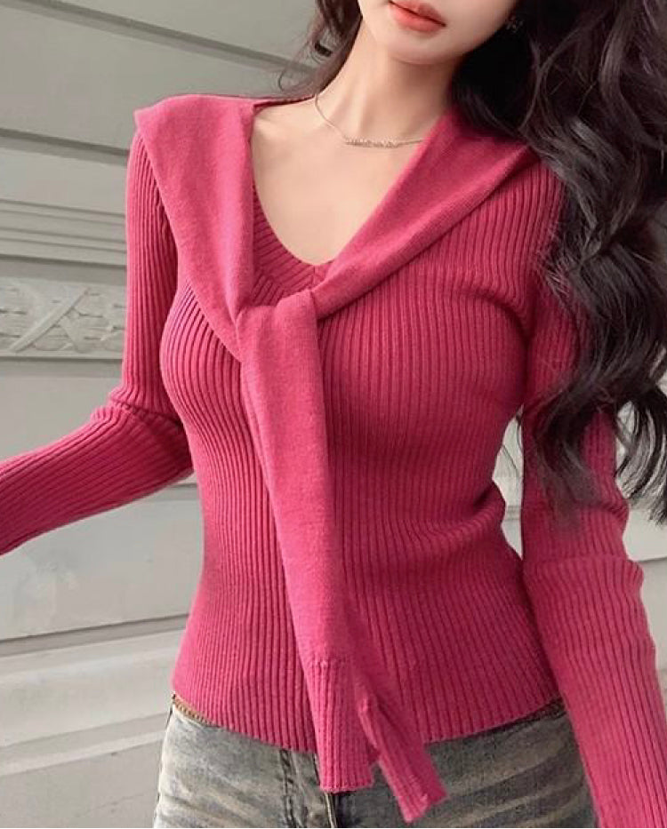 VERILADY |肩掛け風フェイクレイヤードVネック長袖Ｔシャツ