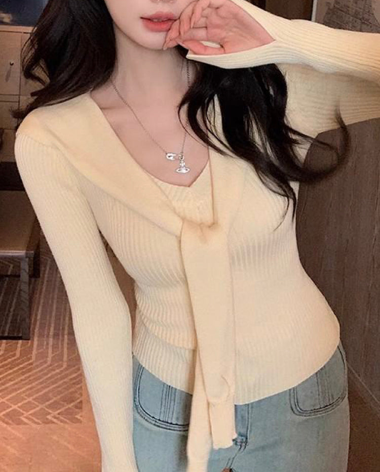 VERILADY |肩掛け風フェイクレイヤードVネック長袖Ｔシャツ