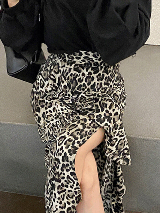VERILADY | 不對稱豹紋印花半身裙