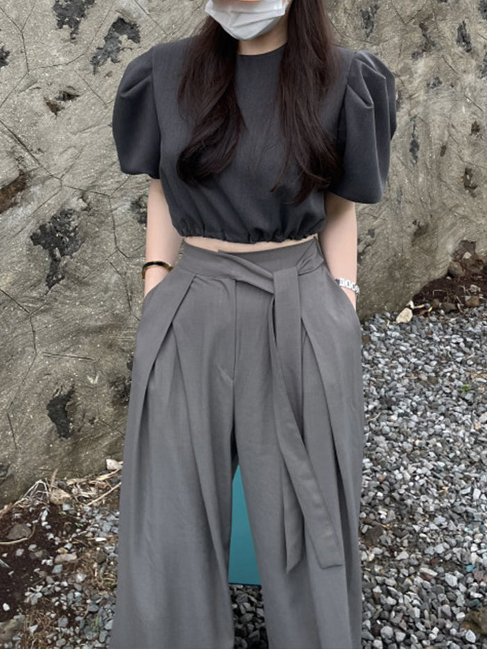 VERILADY |アシンメトリーパンツ ハイウエストワイドパンツ ウエストリボン　韓国ファッション