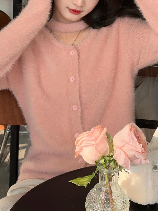 VERILADY | 粉色短款女性氣質針織開衫
