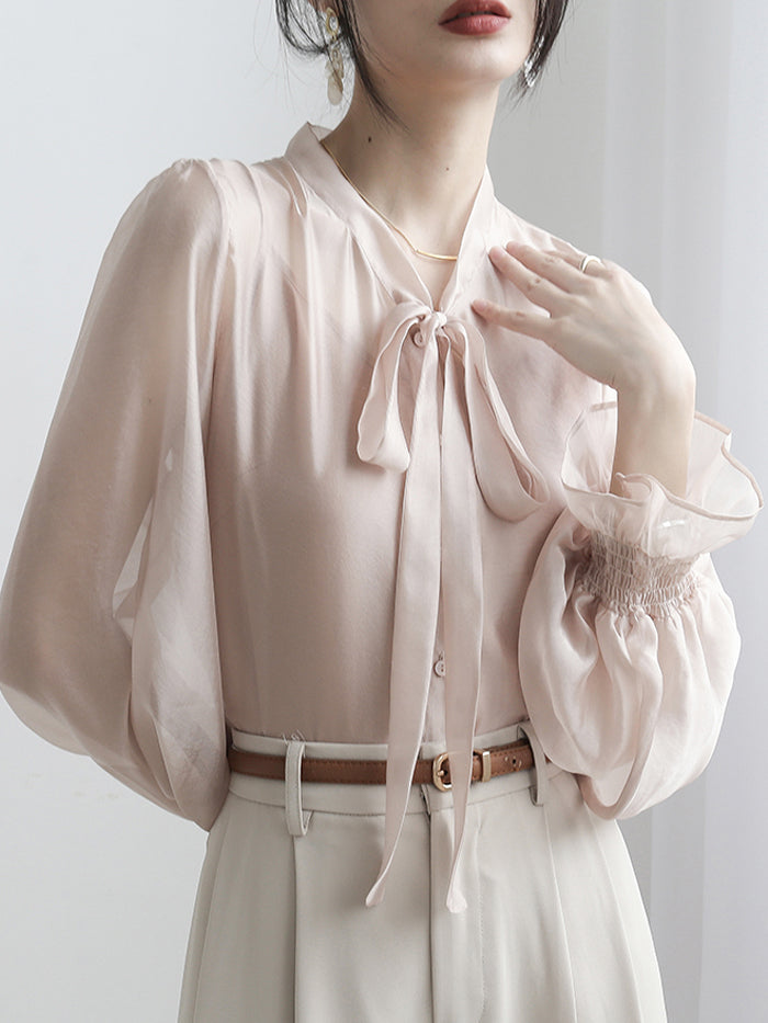 VERILADY | 絲帶襯衫 + 吊帶背心 2 件套整體透明襯衫