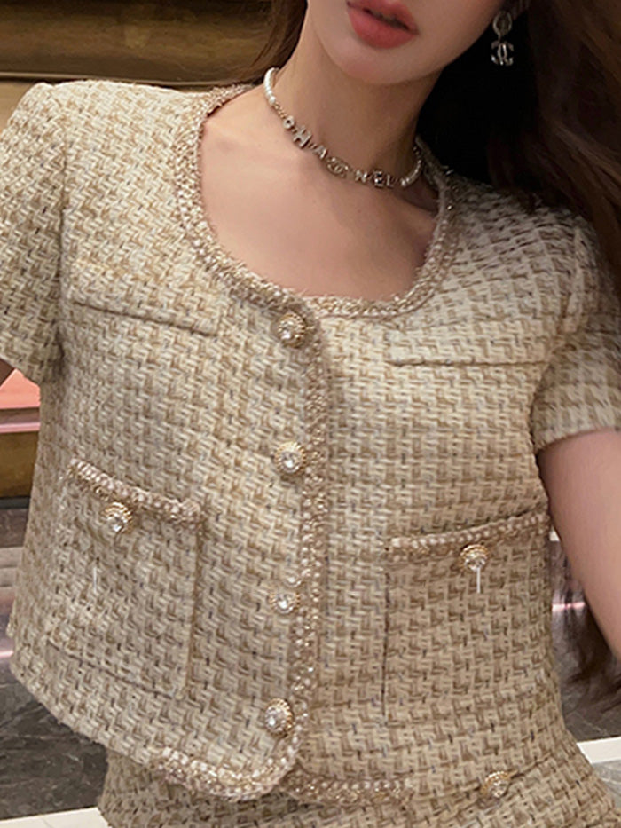 VERILADY | Áo dệt kim Tweed &amp; Chân váy 2 mảnh Tweed tay ngắn mùa hè